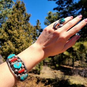 Vintage rare turquoise and coral cuff bracelet